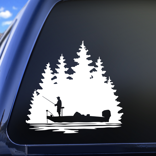 bass boat in trees decal