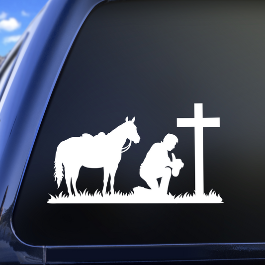 Cowboy Kneeling Cross Vinyl Decal, Cowboy and Horse Praying Decal