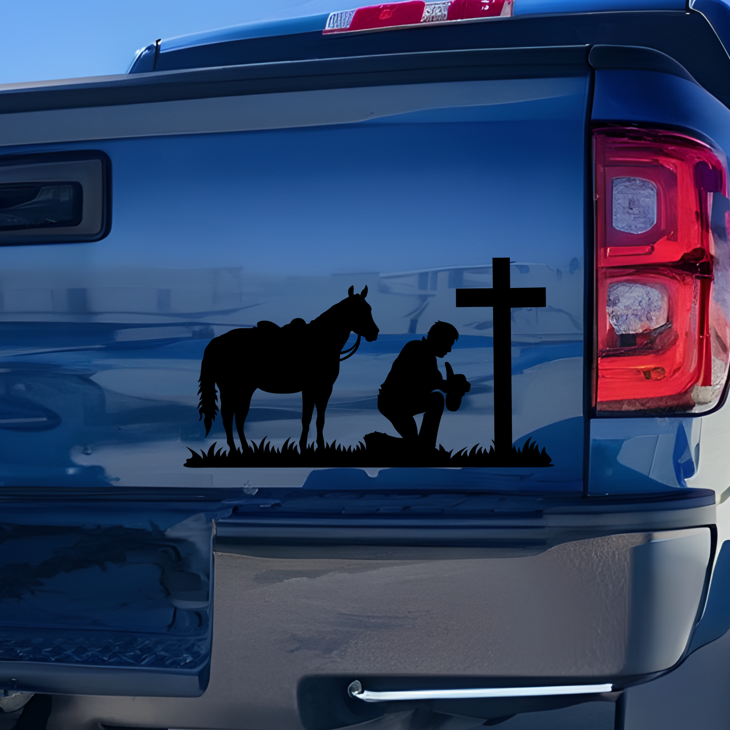 Cowboy Kneeling Cross Vinyl Decal, Cowboy and Horse Praying Decal