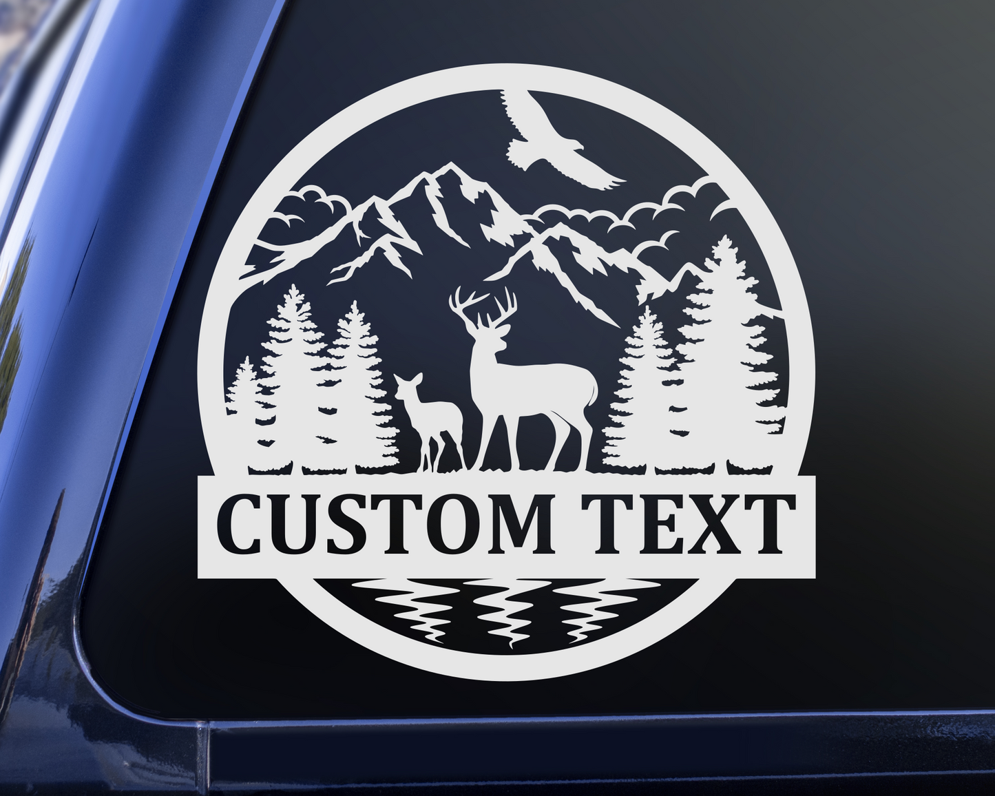 Personalized Deer Scene Vinyl Decal | Buck Fawn Forest Mountains Decal Sticker