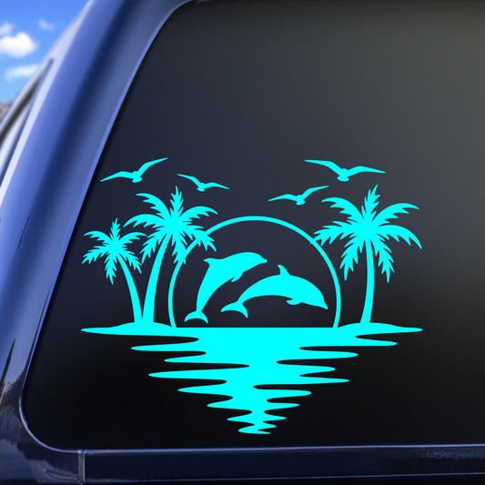 Dolphins palm trees seagulls sunset vinyl decal sticker