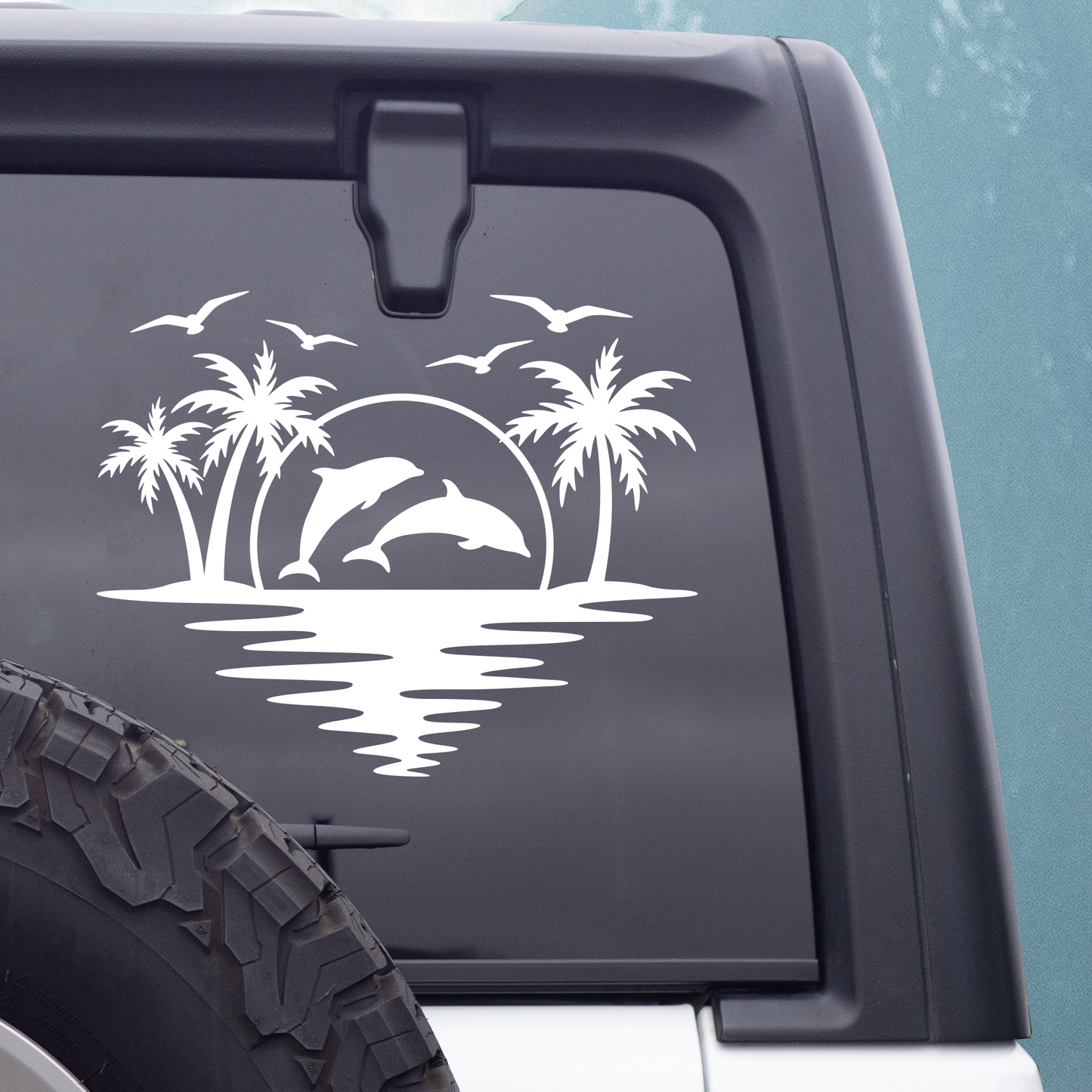 Dolphins Sunset Palm Trees Seagulls Vinyl Decal Sticker