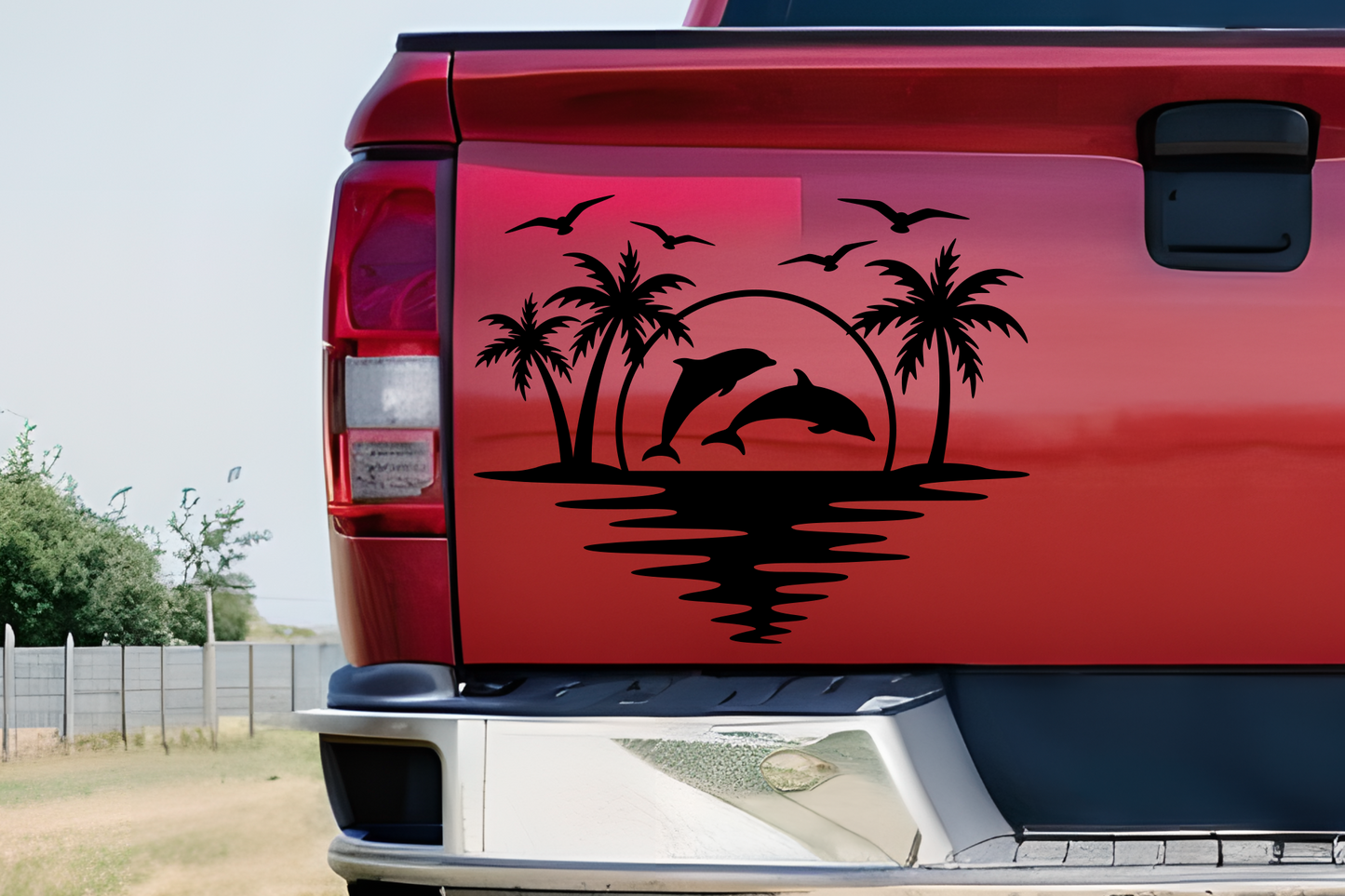 Dolphins Sunset Palm Trees Seagulls Vinyl Decal Sticker