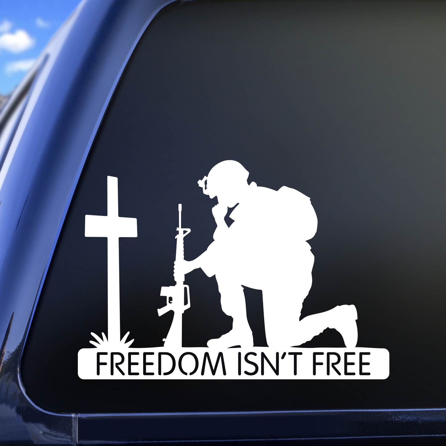 Freedom Isn't free kneeling soldier cross vinyl decal