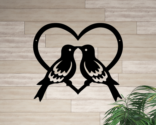 Kissing Love Birds Inside Heart Outline Metal Sign