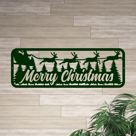 Merry Christmas Santa Reindeer and Evergreens Metal Sign