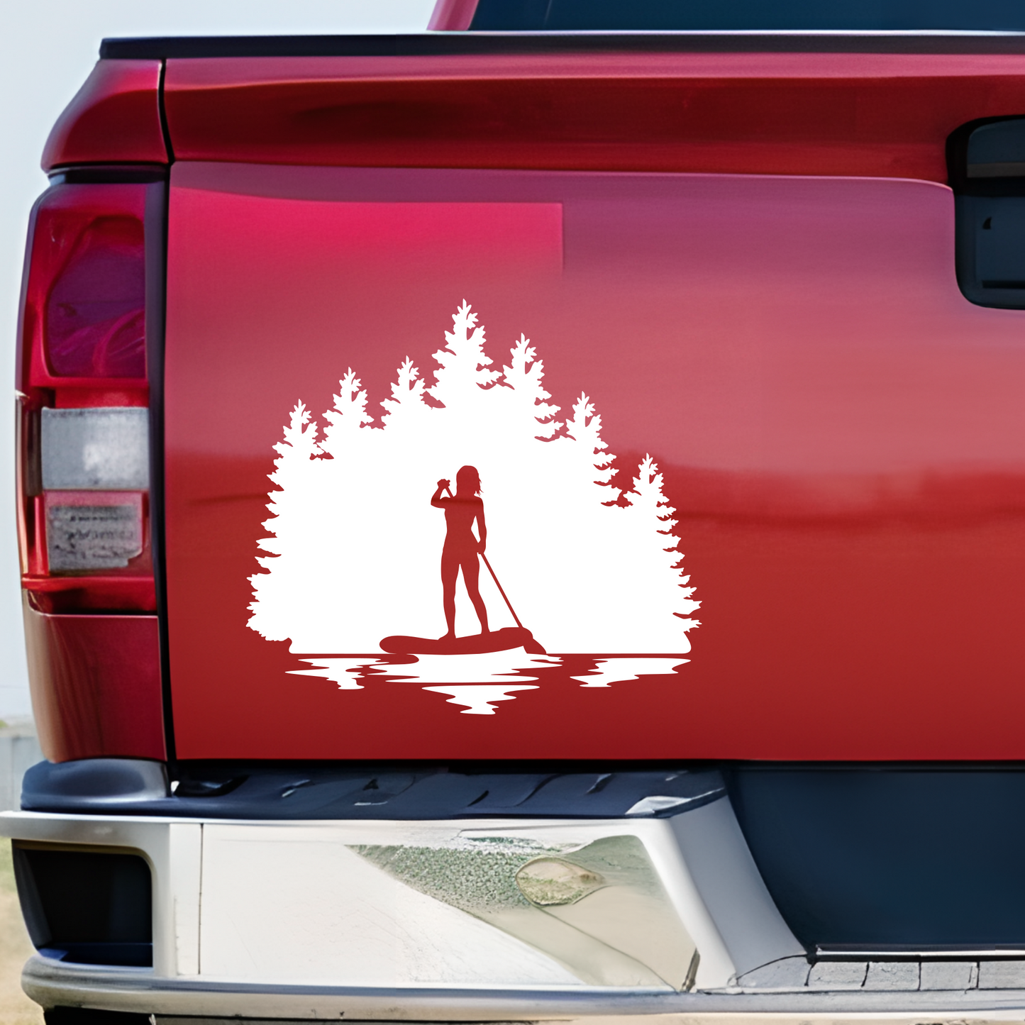 Paddle Boarding Vinyl Decal Sticker | Woman Paddle Boarding Trees Shadow Decal