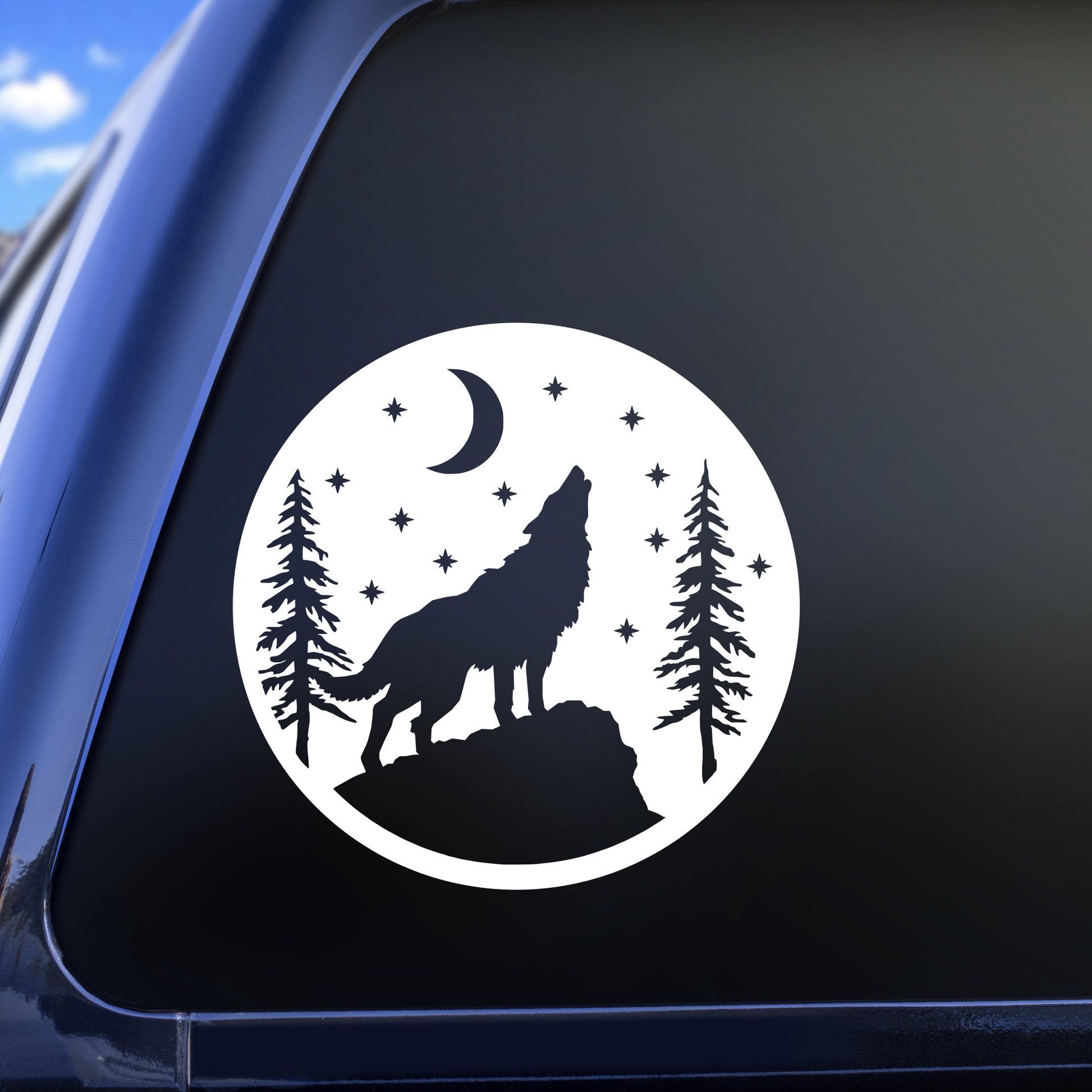 howling wolf moon stars trees decal