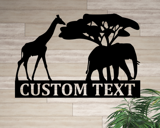 Personalized Elephant and Giraffe Sign, Custom Metal Family Last Name Sign