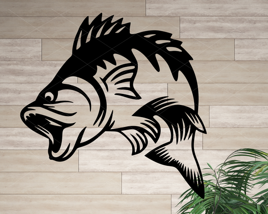 Detailed jumping bass fish cut from metal