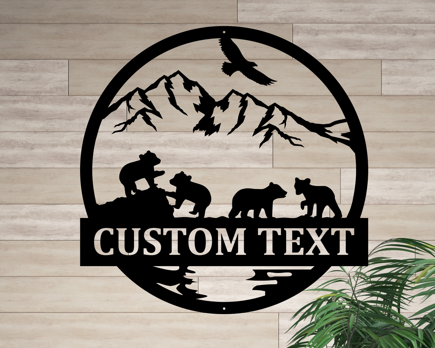 Personalized Bear Cubs Playing Mountain Scene, Custom Metal Family Name Sign