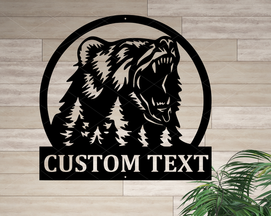 Personalized Metal Growling Bear Sign, Custom Family Last Name Metal Bear Sign