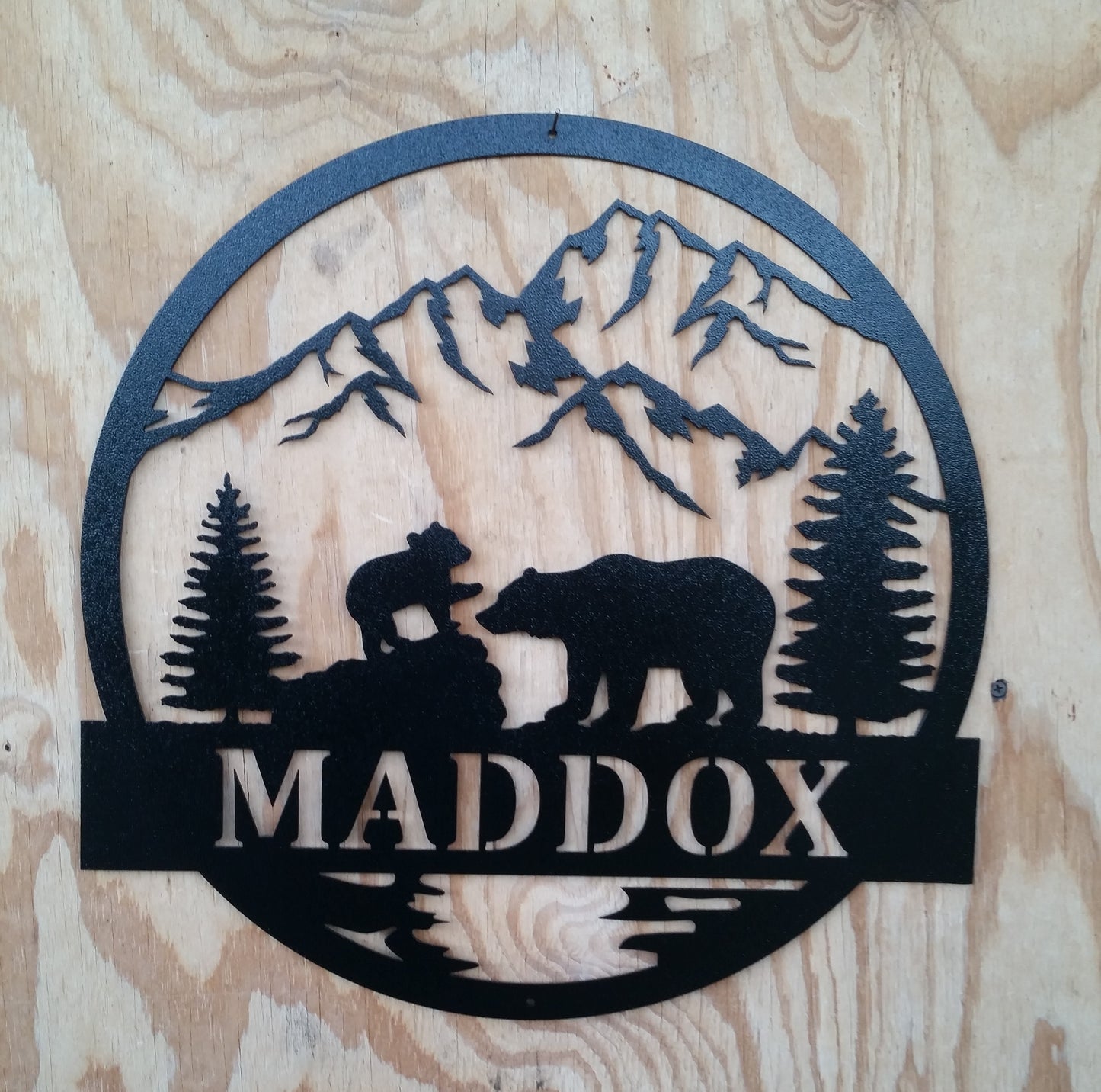 Personalized Metal Bear Mountain Scene Monogram, Custom Metal Family Name Sign