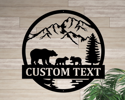Personalized Papa Bear with Cubs Mountains and Tree Scene, Custom Metal Family Name Sign