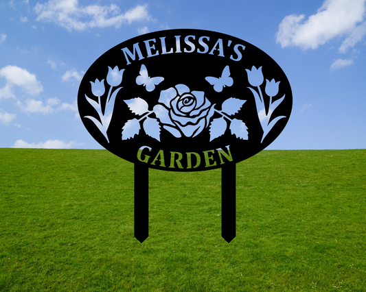 Personalized Floral Garden Stake Sign, Custom Rose and Tulip Metal Sign