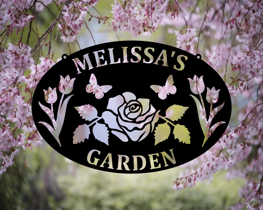 Personalized Floral Garden Hanging Sign, Custom Rose and Tulip Metal Sign