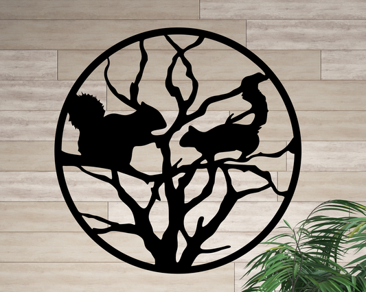 Squirrels in Tree Round Metal Sign, Garden Décor, Cabin Wall Hanging Décor