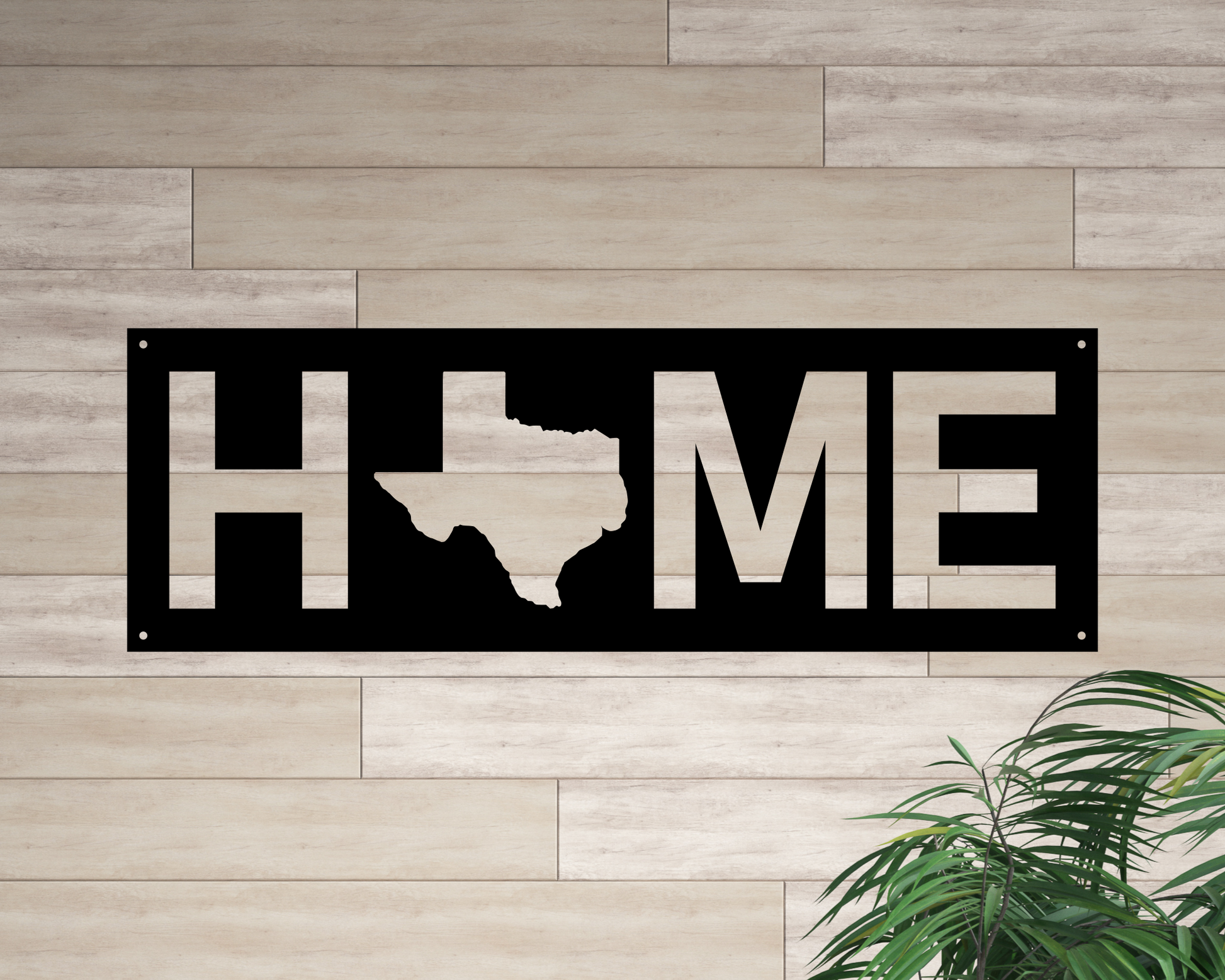 Home cut out of rectangle piece of metal, the O has been replaced with the state of texas cut out