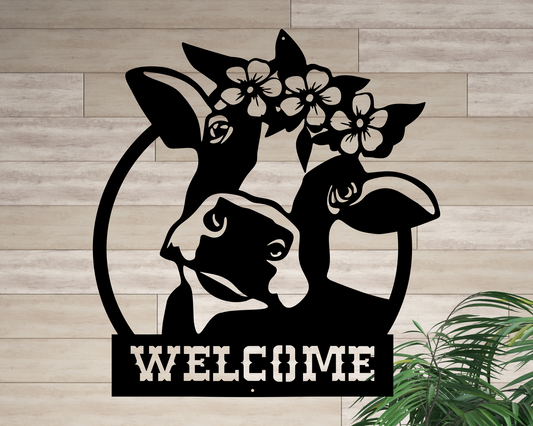 Welcome Cow Metal Sign, Cow with Flowers Headband Sign, Floral Cow