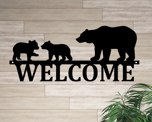 Welcome Bear Family Sign, Bear and Cubs Metal Welcome Sign