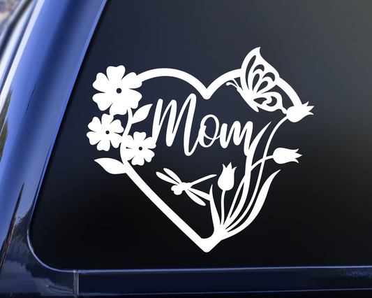 Mom Heart Vinyl Decal Sticker, Floral Heart Decal, Mothers Day Gift, Butterfly Heart Decal, Flowers Heart Sticker